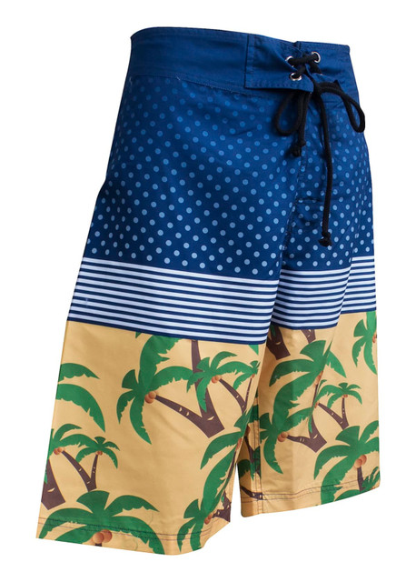 Board shorts for adults featuring a blue patterned top and a yellow bottom with green palm tree designs.