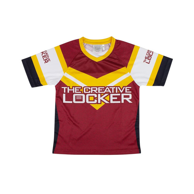 A kids' sports T-shirt in maroon with yellow and white accents, featuring a logo on the front.