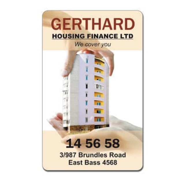 A rounded corner magnet featuring a building graphic, with a logo and contact details. Predominantly light colours.