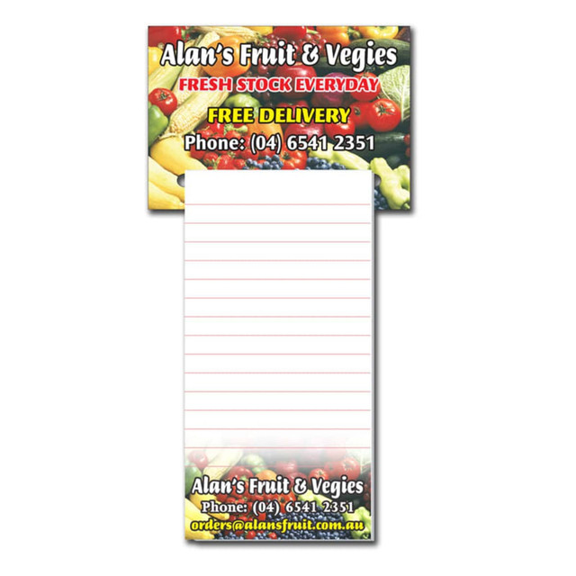 A notepad with a colourful fruit and vegetable design at the top, featuring lines for notes and a logo.