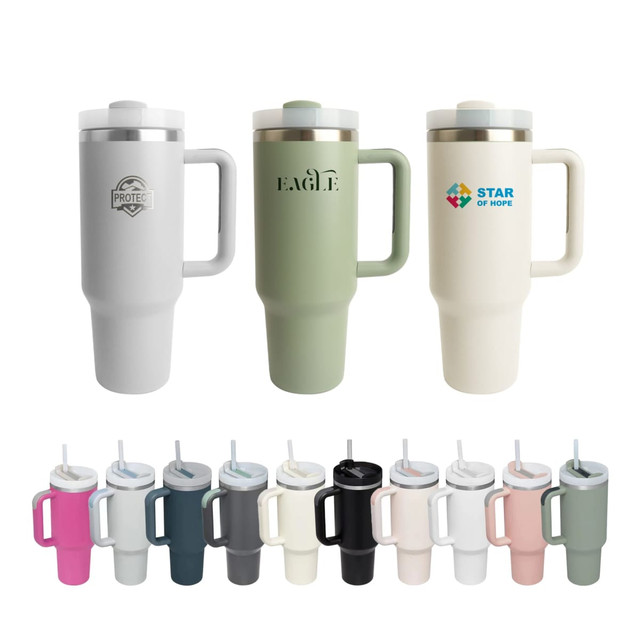 A drink bottle set featuring a 1.2L stainless steel tumbler in grey, green, and white, with lids and straws.