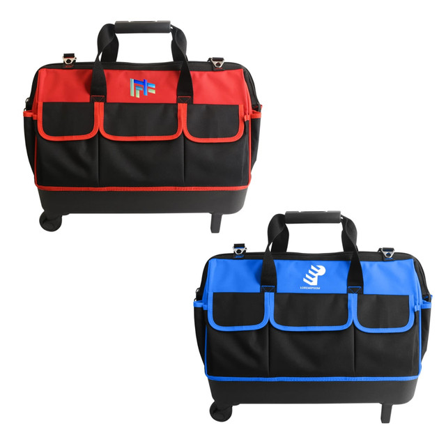 A wheeled tool bag featuring a red and black design with multiple pockets, and another in blue and black, both with logos.