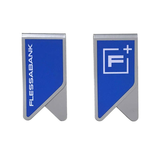 A blue and silver custom metal clip featuring a logo and sleek design, suitable for office use.