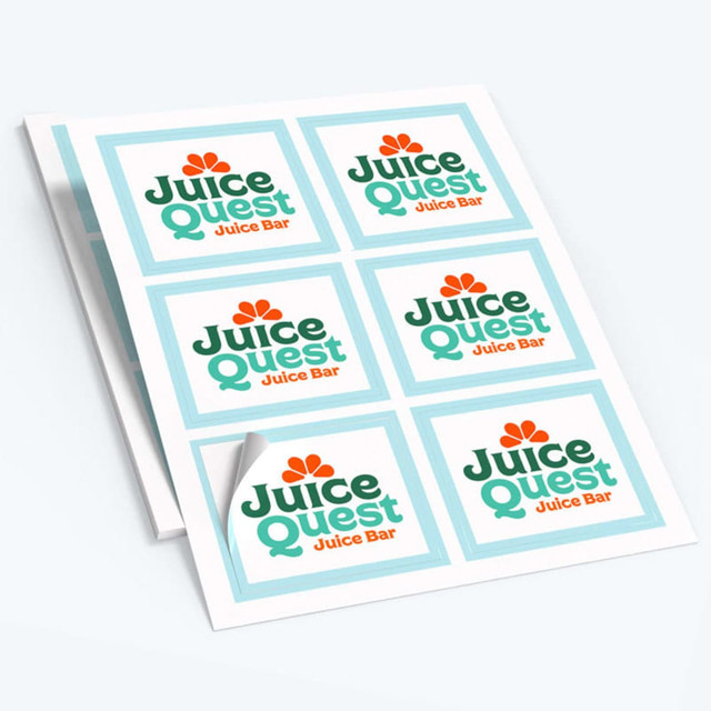 A sheet of paper stickers featuring a colourful design with a logo. The stickers are printed in multiple squares.