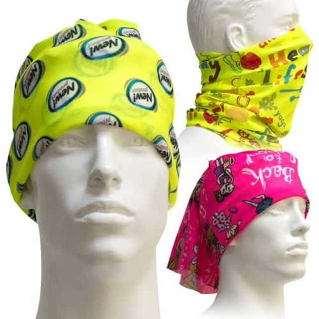 Multi-coloured multi-purpose headwear in vibrant yellow and pink, featuring various patterns, displayed on mannequin heads.