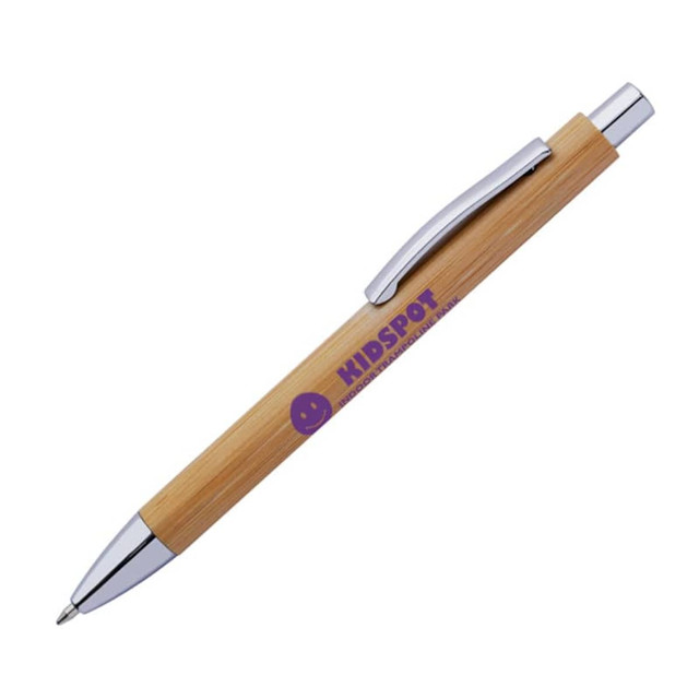 A bamboo pen with a silver clip and trim, featuring a logo on the barrel.