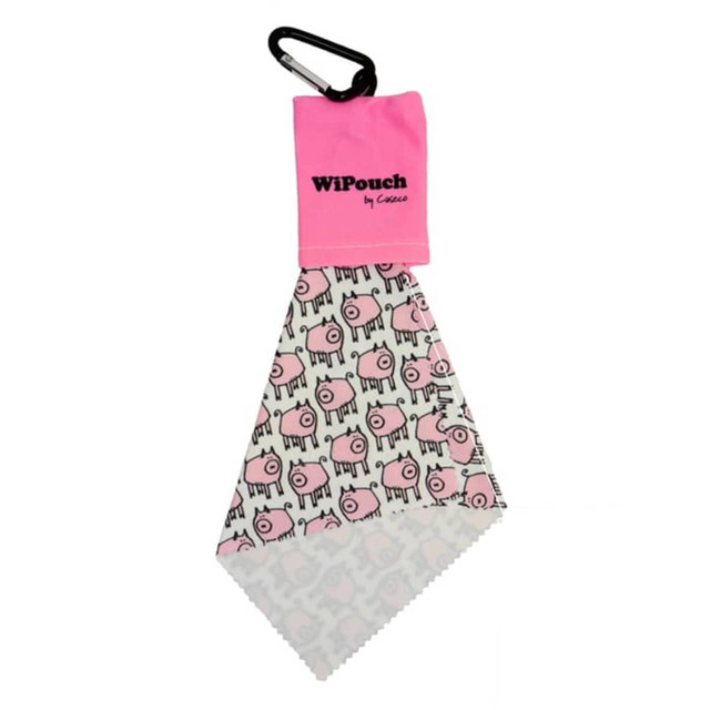 A pink microfibre cloth keyring with a pig pattern, attached to a black carabiner. Features a branding logo.