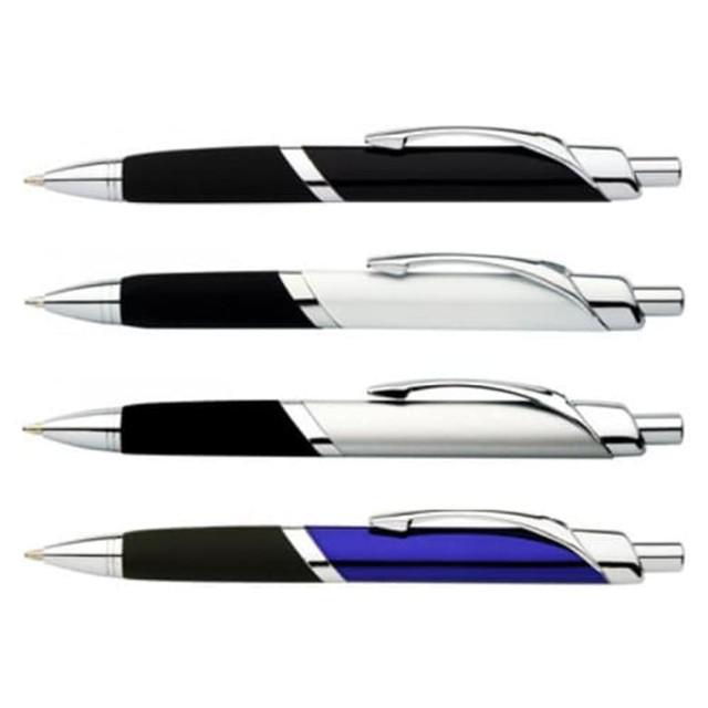 A set of four Trio Pens in black, silver, and blue with chrome accents and a sleek design.
