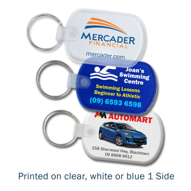 Three key tags in varying colours: clear, white, and blue, each featuring different logos and information.