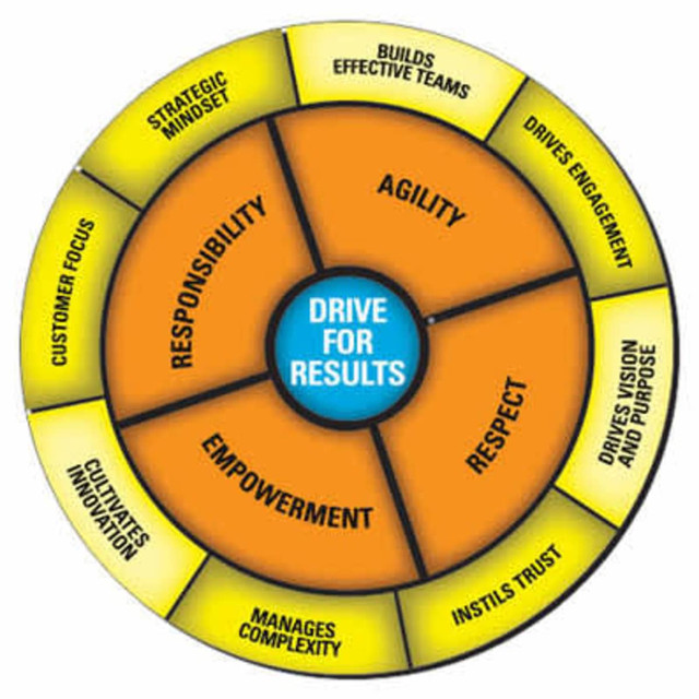 A circular diagram with orange and yellow sections highlighting themes such as Agility, Empowerment, and Responsibility, with a central focus on "Drive for Results."