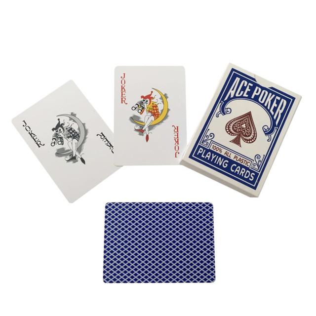 A set of PVC playing cards featuring a blue and white design with two joker cards displayed alongside the box.
