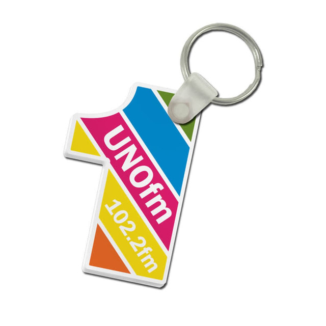 A custom-shaped acrylic keyring in the design of the number one, featuring multiple vibrant colours and a metal keyring attachment.