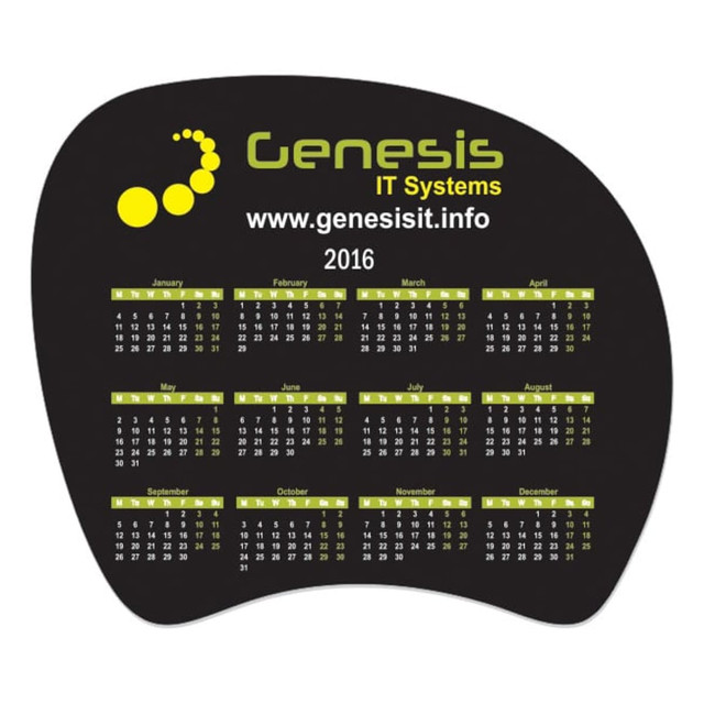 A black counter mat featuring a calendar layout with yellow accents and a logo.