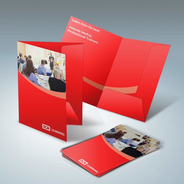 Red A4 presentation folders with a logo, featuring an open design and a matching business card.