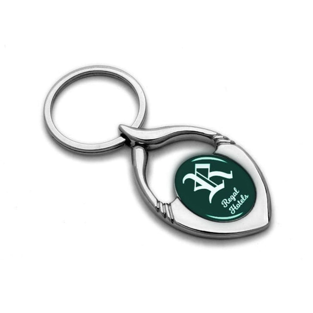 A silver metal keyring shaped like a leaf with a green circular insert featuring a logo.