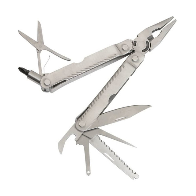 A multi-tool with various stainless steel attachments including pliers, scissors, and different blades. It has a compact design.