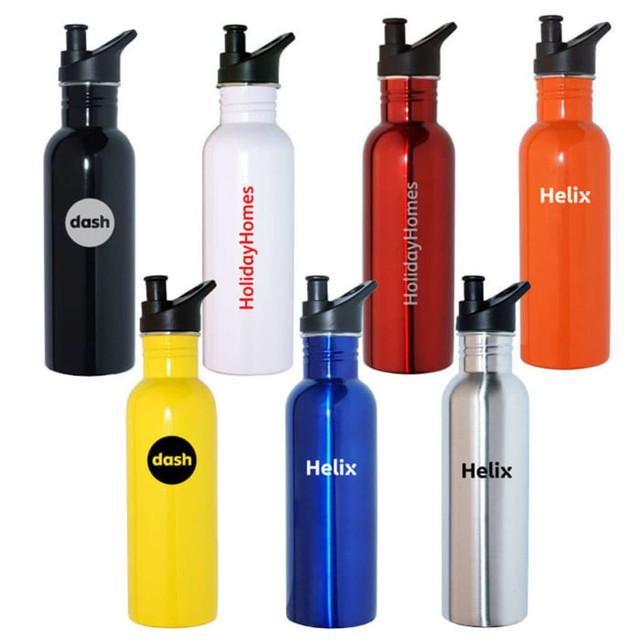 A drink bottle collection featuring stainless steel designs in black, white, red, orange, yellow, blue, and silver, each with a cap and a logo.