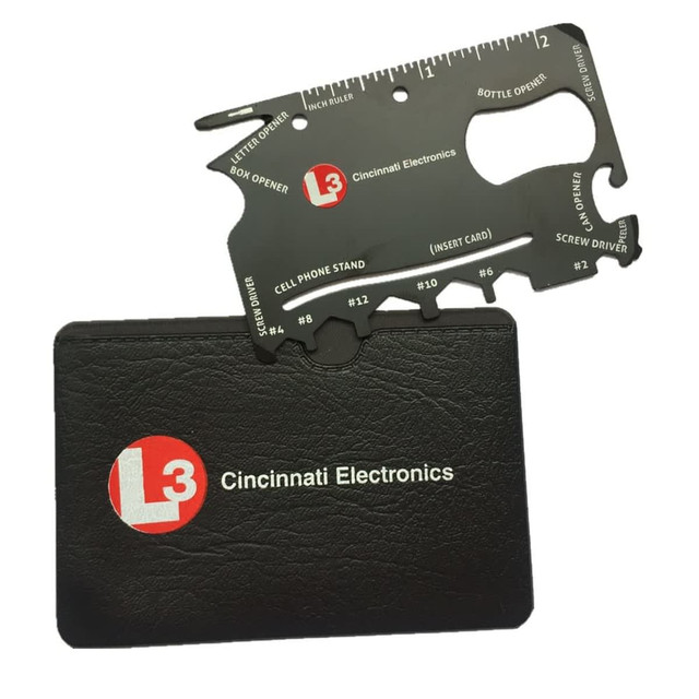 A black card holder with a multi-tool partially pulled out, featuring various tools in a sleek design. It has a logo.