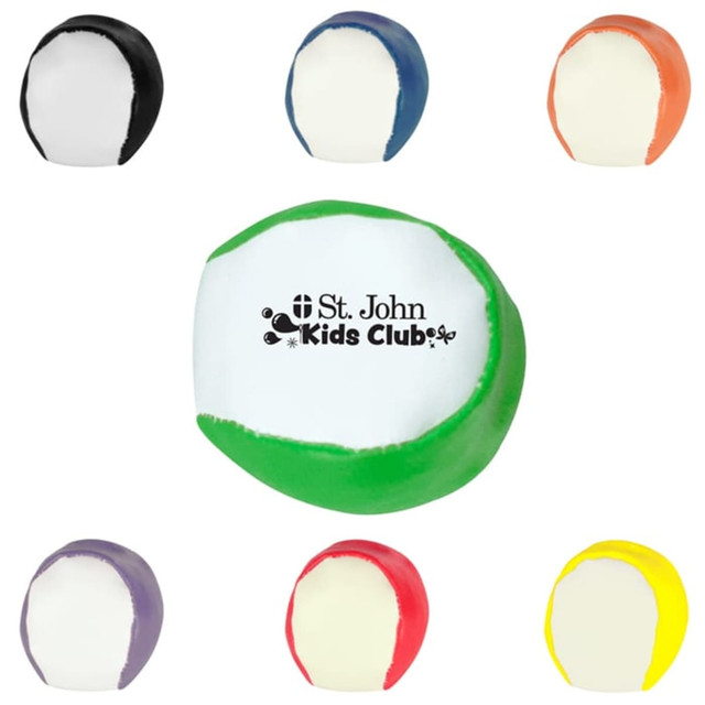 A set of colourful hacky sacks in black, green, orange, purple, white, and yellow, featuring a logo.