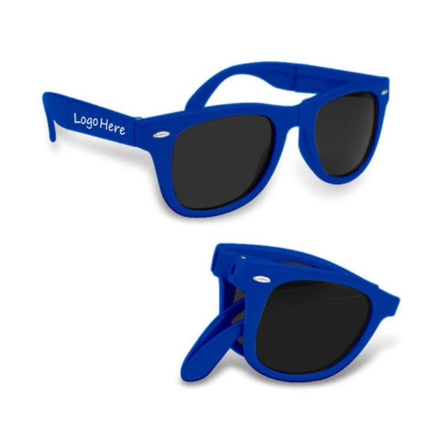 Foldable fashion sunglasses in vibrant blue with dark lenses and a logo on the side.