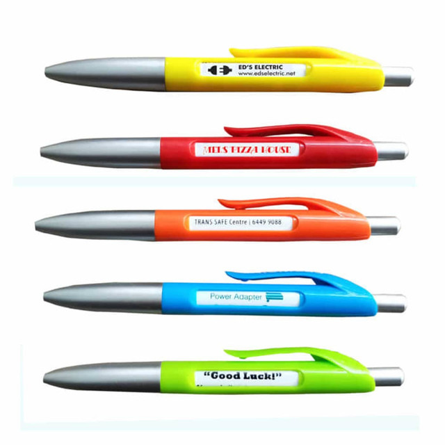 Five plastic pens in various colours: yellow, red, orange, blue, and green, each featuring a branding logo.