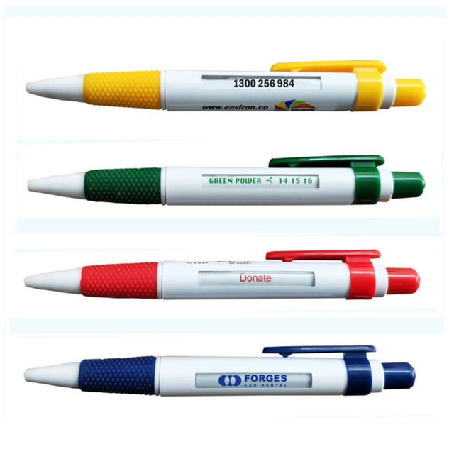 A set of four pens in yellow, green, red, and blue, each featuring a logo and grip texture.