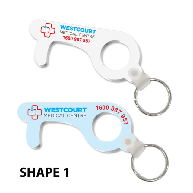 A white and blue "Covid Key" keyring tool, featuring a loop for attachment and a medical centre logo.