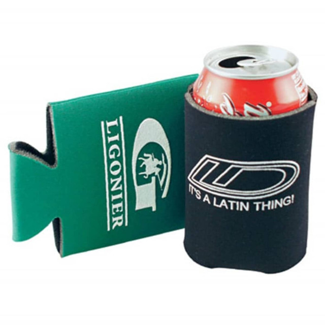 A drink bottle holder in green and black with logos, featuring a can of soda inside.