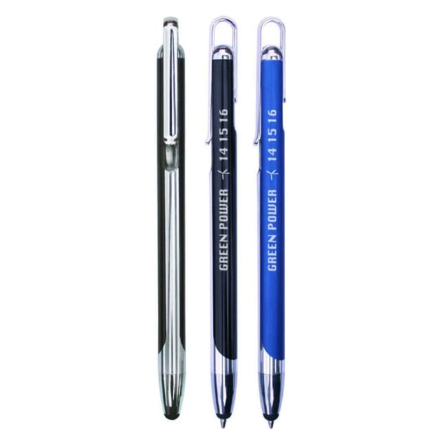 A collection of three Duo Stylus Pens in black, blue, and silver, featuring a logo on each pen.