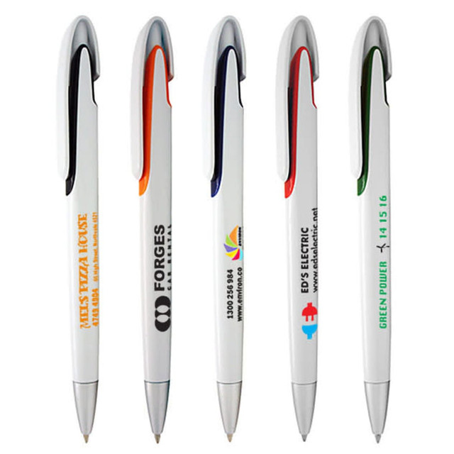 Five plastic pens in white with assorted coloured accents and clips, each featuring a logo or branding on the barrel.