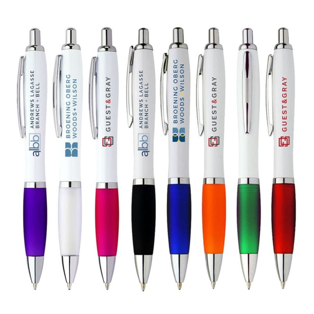 A selection of Allegra white plastic pens featuring various coloured grips and clip accents, along with branding.