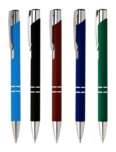 A collection of five rubber-coated pens in blue, black, brown, blue, and green, featuring chrome accents and a logo.