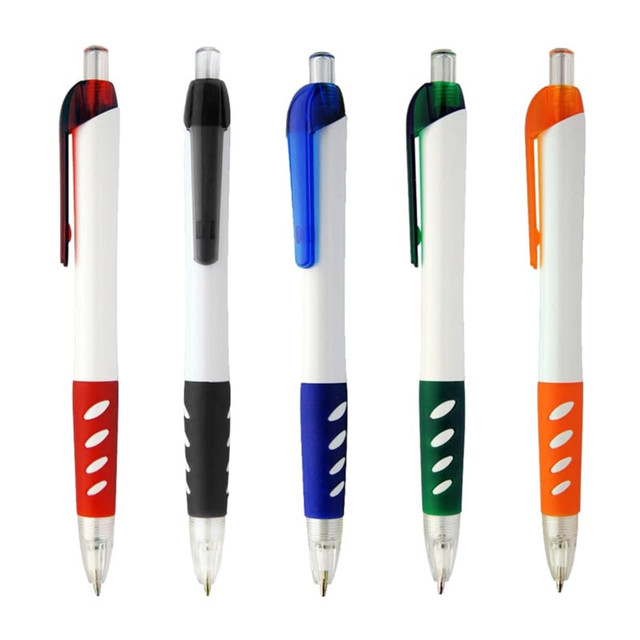 A collection of five plastic pens in red, black, blue, green, and orange, each with a white body and a clip.