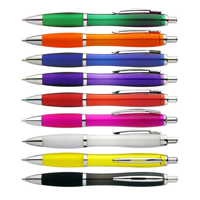 A collection of pens in green, orange, purple, pink, white, and yellow, featuring silver accents and branding.