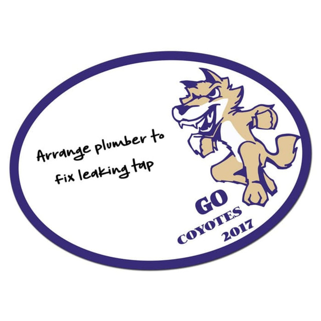 A magnetic whiteboard in oval shape featuring a cartoon wolf mascot and an editable space for notes. Purple and white design.