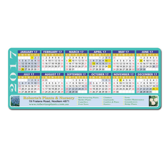 A magnetic calendar measuring 213 x 98mm, featuring multiple months in blue and white, with a logo at the bottom.