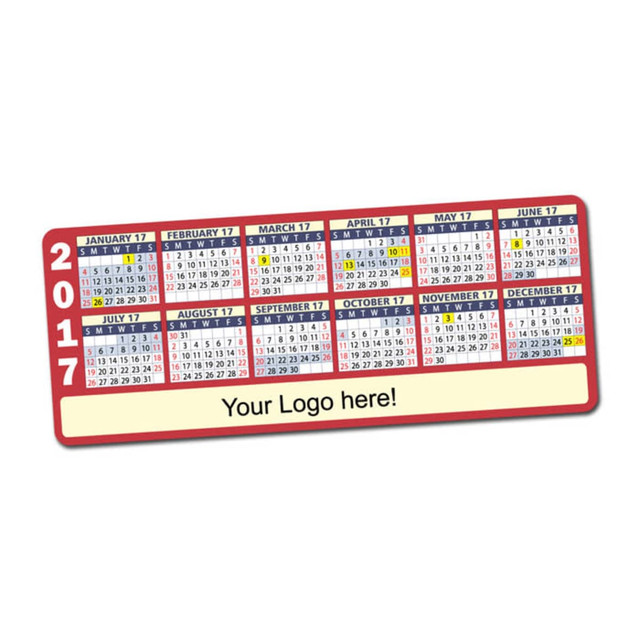 A magnetic calendar in red and white featuring monthly grids for 2017 and a space for a logo.
