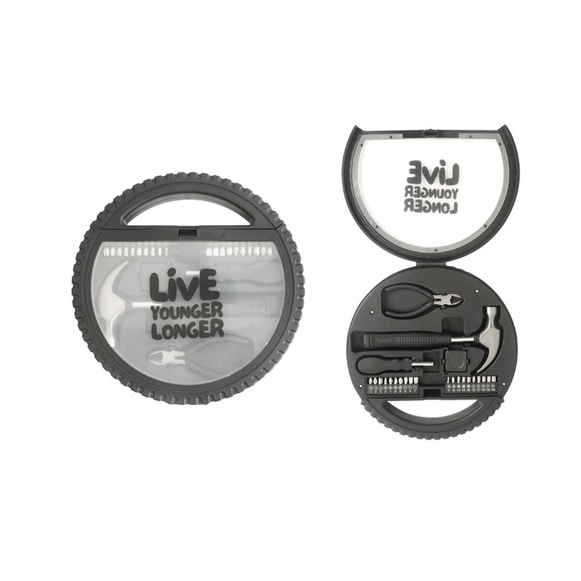 A circular black tool kit featuring various tools including pliers and multiple screwdriver heads, with a branded lid.