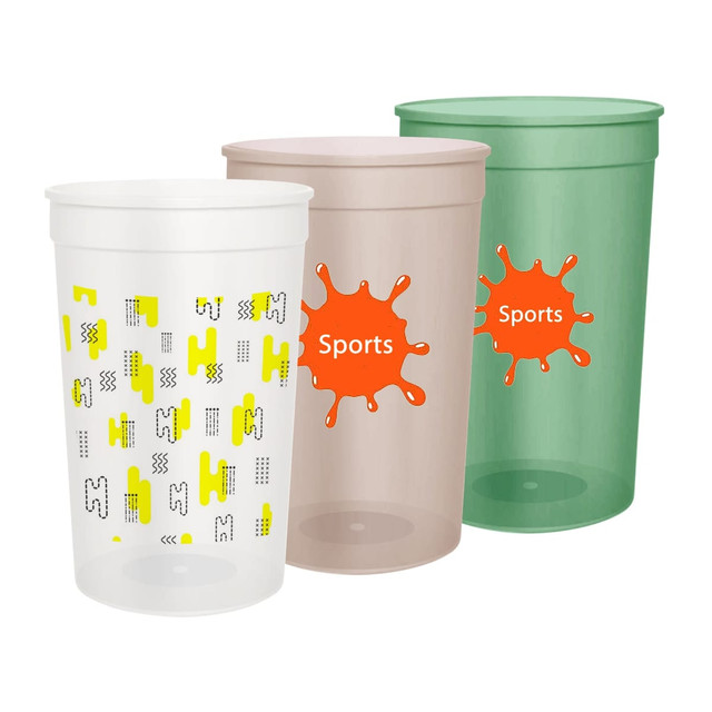 A set of three 650ml translucent plastic stadium cups in white, tan, and green, each featuring a logo.
