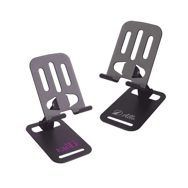 A foldable metal mobile phone stand in black, featuring a stylish design and space for branding.