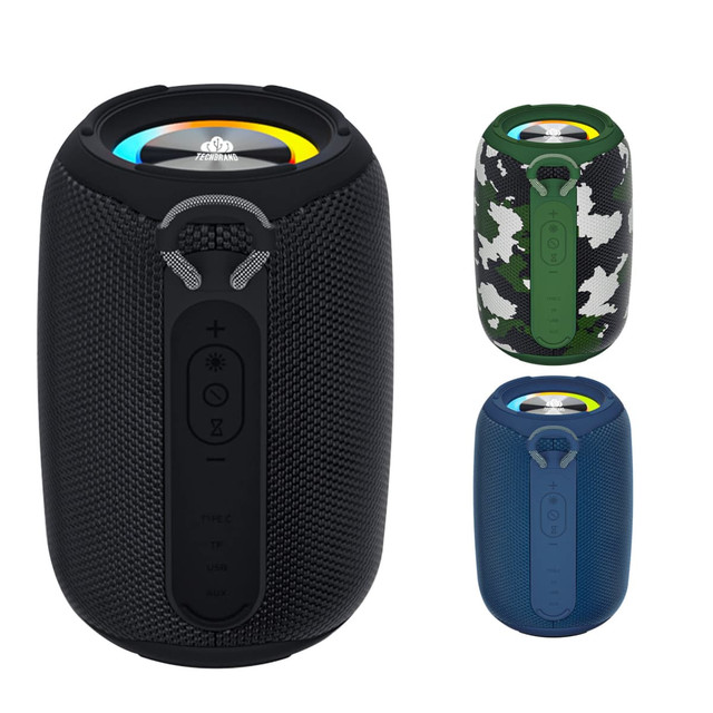 A waterproof Bluetooth speaker in black, camo, and blue designs, featuring buttons for volume and connectivity.