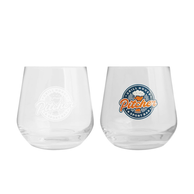 Two clear glass wine glasses, one featuring a logo and the other blank, with a tapered design.