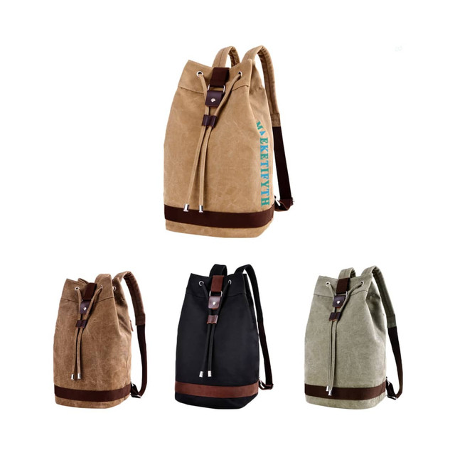A collection of Canvas Bucket Backpacks in tan, black, green, and brown, featuring drawstring closures and adjustable straps.