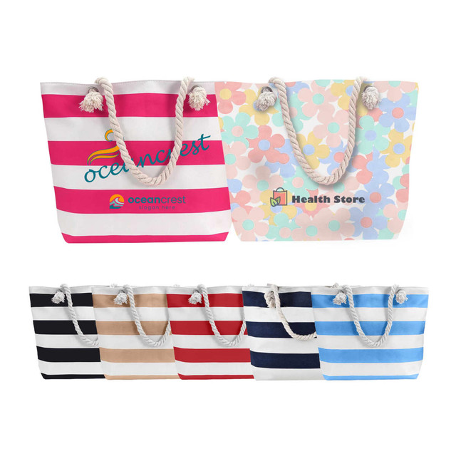 A tote bag with a rope handle, featuring pink and white stripes, along with a floral pattern in pastel colours.