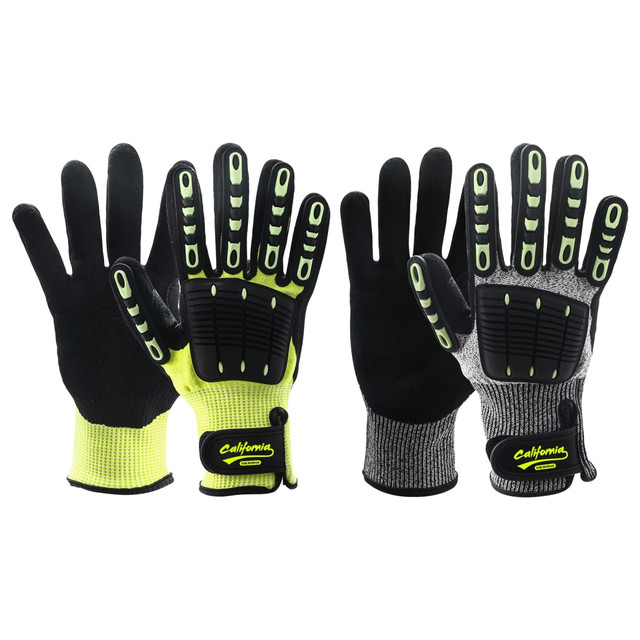 Heavy duty safety work gloves in black and grey with bright green accents, featuring a wrist lock and palm guard.