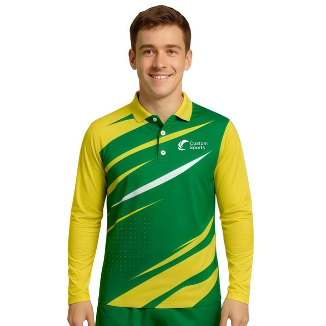 A long sleeve polo shirt in green and yellow with a modern design and a logo.