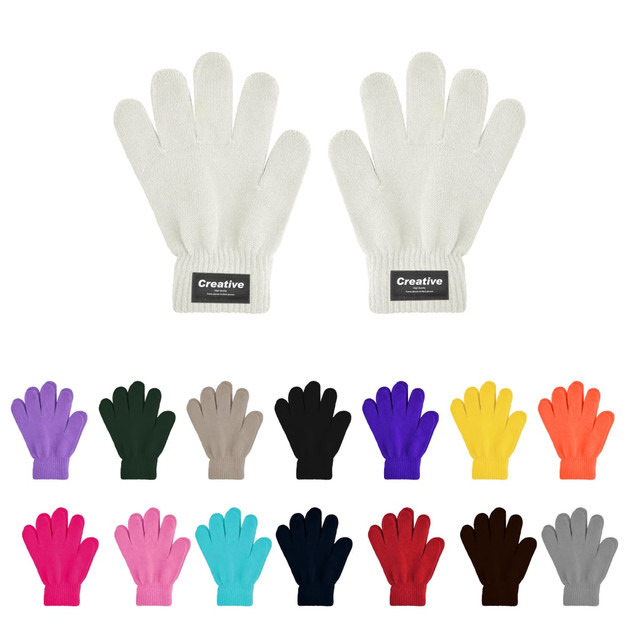 A pair of plain knitted gloves in white, surrounded by various coloured gloves, featuring a woven label.