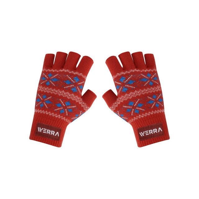 A pair of red fingerless gloves with blue and white snowflake patterns and a branding logo.