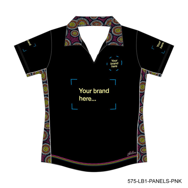 A black women's polo shirt featuring a colourful patterned trim and a placeholder for branding.
