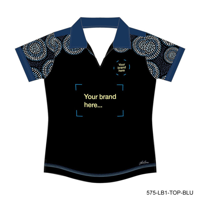 A black polo shirt with a blue collar and patterned sleeves, featuring a logo area for branding.
